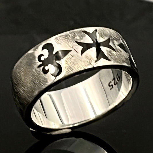 Templar Cross Ring: Sterling Silver Oxidized cross, Fleur de Lis