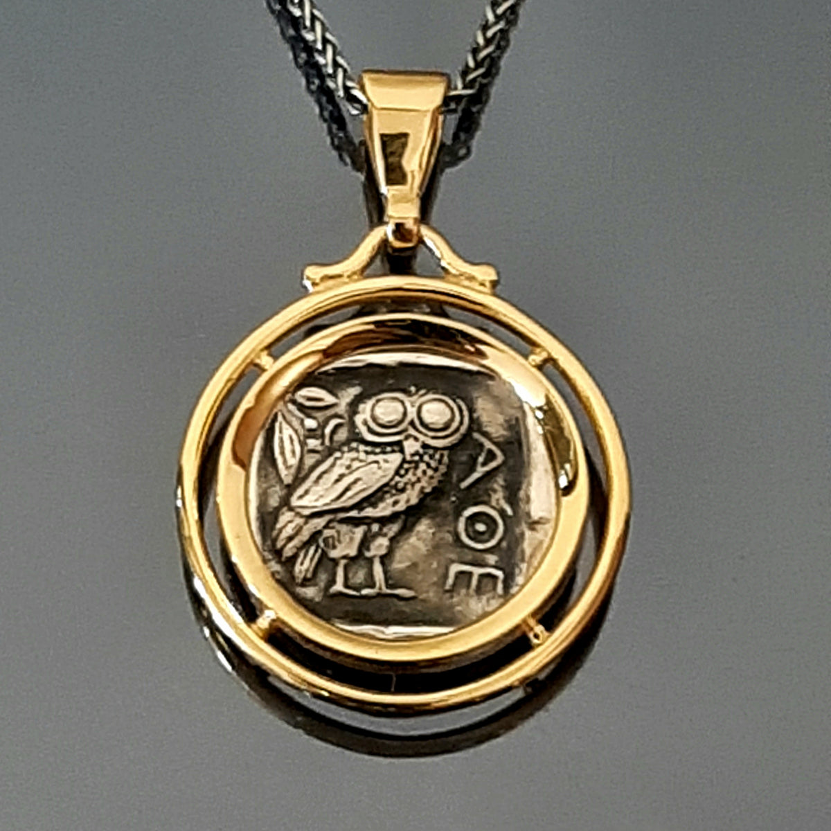 Owl coin Pendant: Gold-Plated Sterling Silver Two-Sided Greek Coin