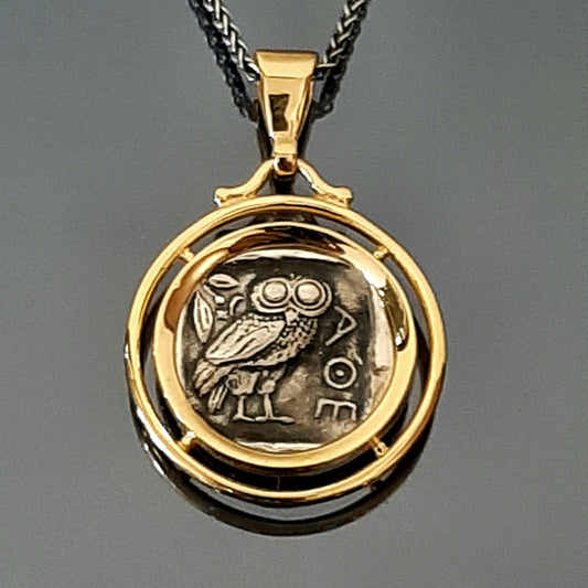 Owl coin Pendant: Gold-Plated Sterling Silver Two-Sided Greek Coin