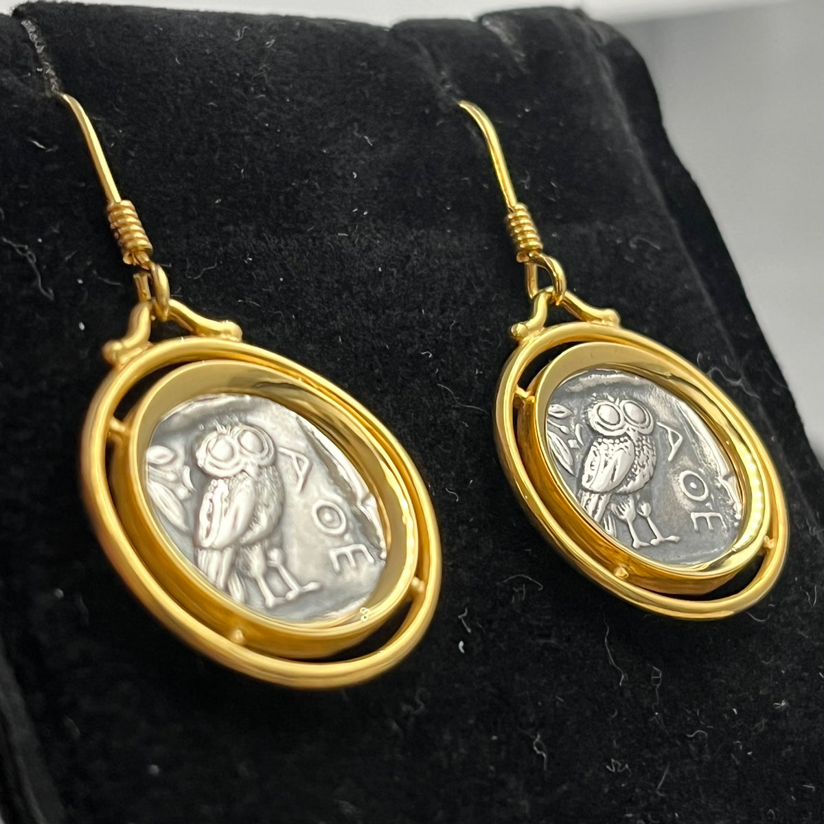 Vieilles pièces Boucles d'oreilles hibou en argent : Style grec ancien, déesse Athéna