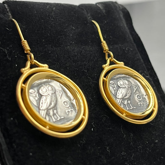 Vieilles pièces Boucles d'oreilles hibou en argent : Style grec ancien, déesse Athéna
