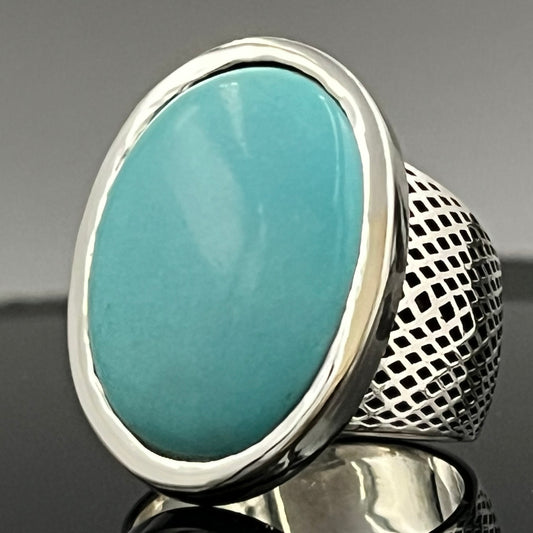 Large Turquoise Ring: Natural Oval Arizona Stone, Sterling Silver
