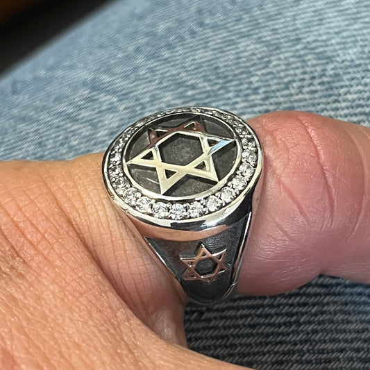 Sterling Silver David Star Ring: White Zirconia Accents - Handmade blackened