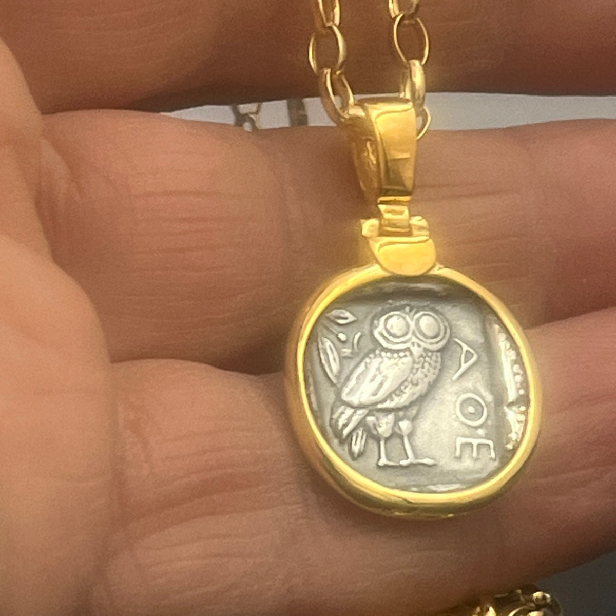 Eulen-Münz-Halskette: Griechischer Mythologie-Schmuck, Sterlingsilber, Athena