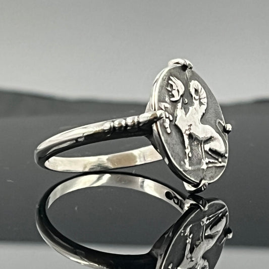 Sphinx Signet Ring: Greek Mythology Jewelry (Sterling Silver, Chios Coin).