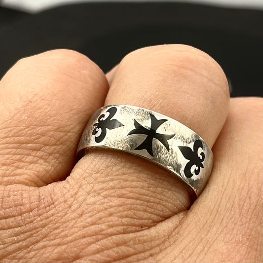 Templar Cross Ring: Sterling Silver Oxidized cross, Fleur de Lis