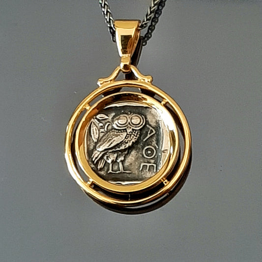 Owl coin Pendant: Gold-Plated Sterling Silver Two-Sided Greek Coin