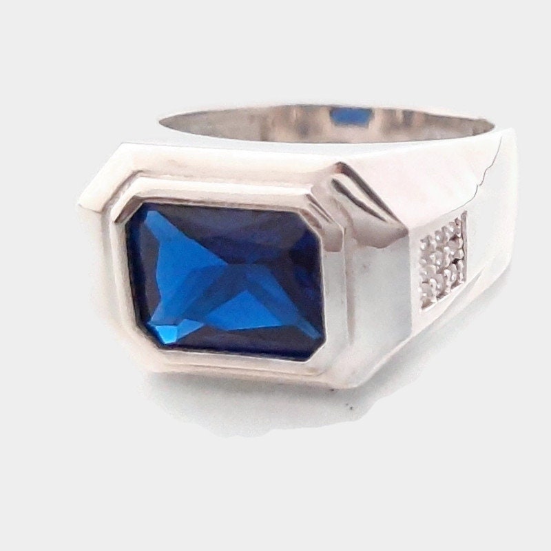 Silver Mens Chevalier Ring: Blue CZ Emerald Cut, Recycled Gift — 4