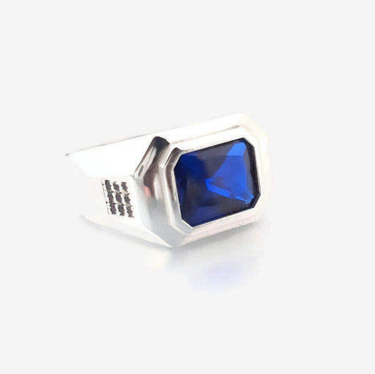Silver Mens Chevalier Ring: Blue CZ Emerald Cut, Recycled Gift — 5