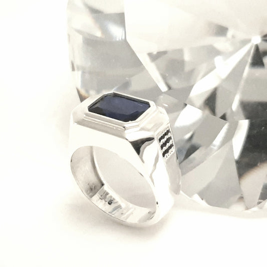 Silver Mens Chevalier Ring: Blue CZ Emerald Cut, Recycled Gift — 6