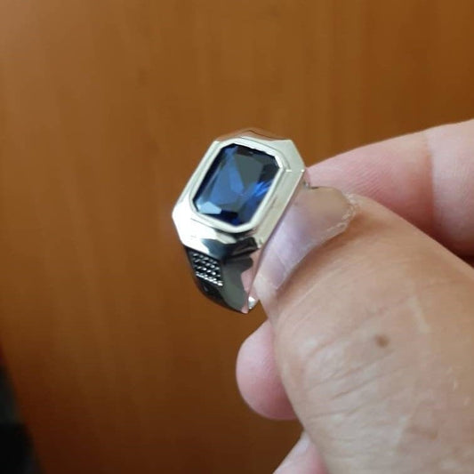 Silver Mens Chevalier Ring: Blue CZ Emerald Cut, Recycled Gift — 7