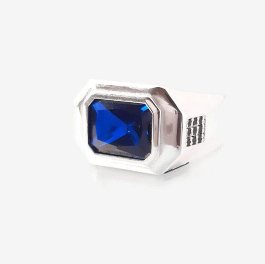 Silver Mens Chevalier Ring: Blue CZ Emerald Cut, Recycled Gift — 3