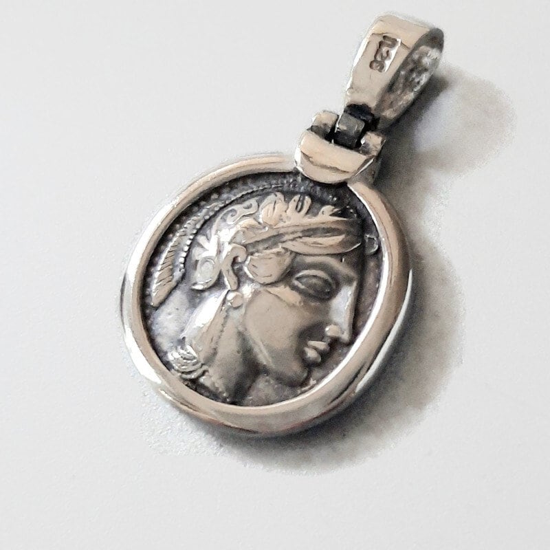 Athena Owl Coin Pendant: Greek Mythology Replica, Sterling Silver Boho Necklace
