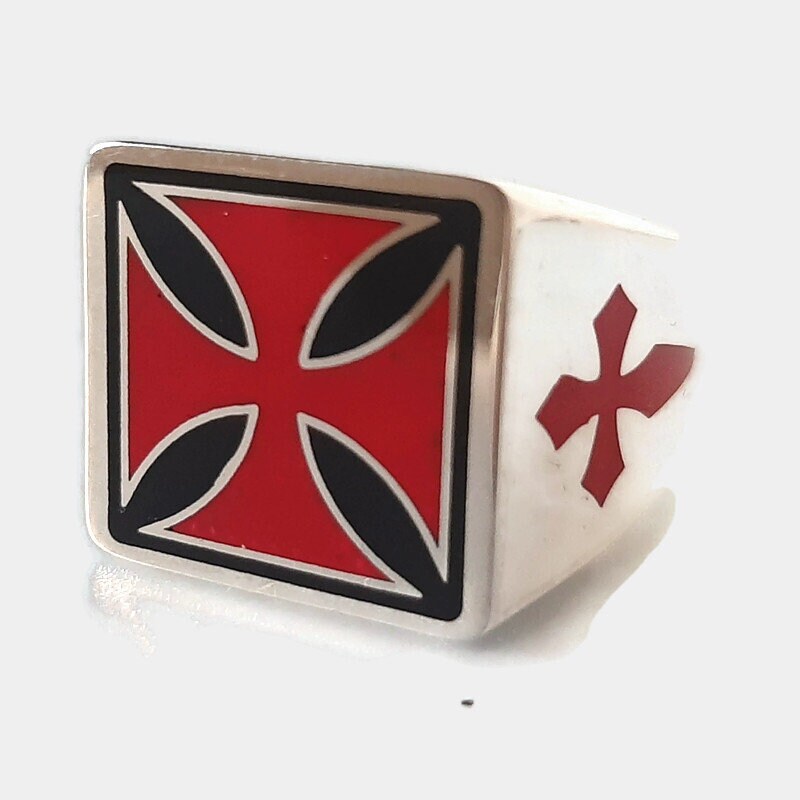 Sterling Silver Knights Templar Ring: Red Malta Cross, Medieval Sword — 3