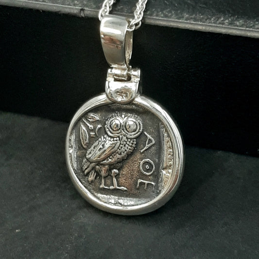 Athena Owl Coin Pendant: Greek Mythology Replica, Sterling Silver Boho Necklace