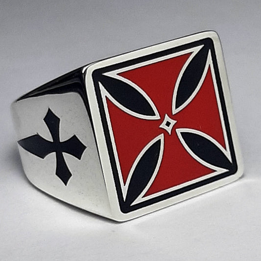 Sterling Silver Knights Templar Ring: Red Malta Cross, Medieval Sword