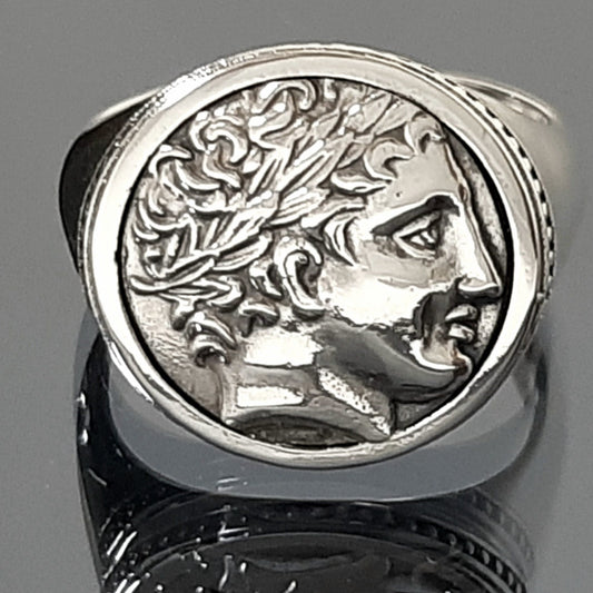 Apollo Coin Ring: Sterling Silver Greek Chevalier, Ancient Replica