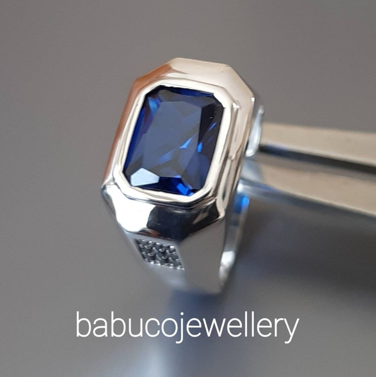 Silver Mens Chevalier Ring: Blue CZ Emerald Cut, Recycled Gift