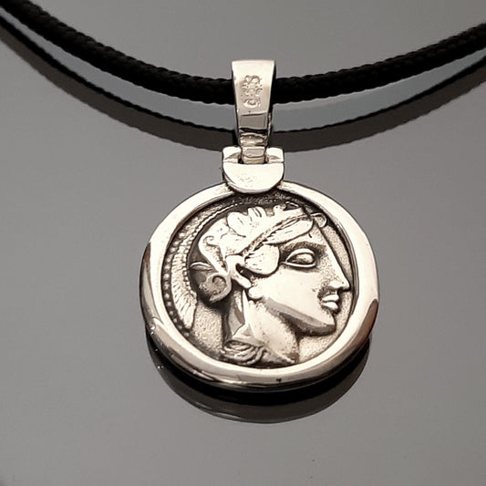 Athena Owl Coin Pendant: Greek Mythology Replica, Sterling Silver Boho Necklace