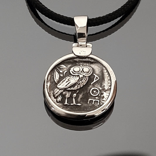 Athena Owl Coin Pendant: Greek Mythology Replica, Sterling Silver Boho Necklace