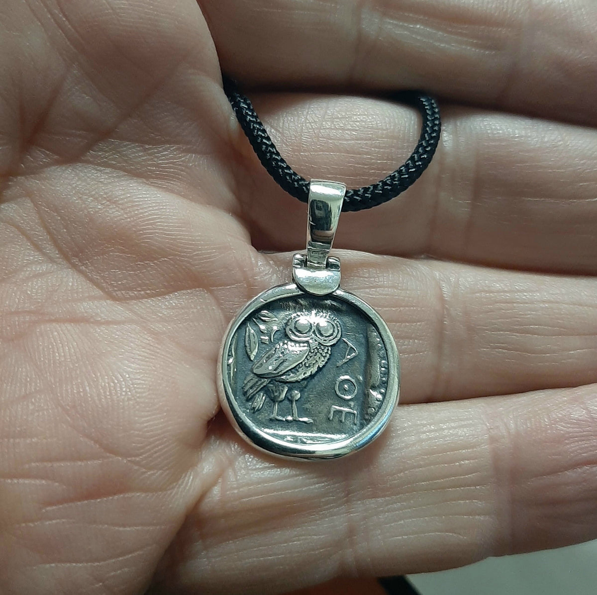 Athena Owl Coin Pendant: Greek Mythology Replica, Sterling Silver Boho Necklace