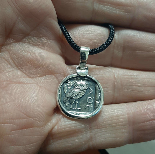 Athena Owl Coin Pendant: Greek Mythology Replica, Sterling Silver Boho Necklace