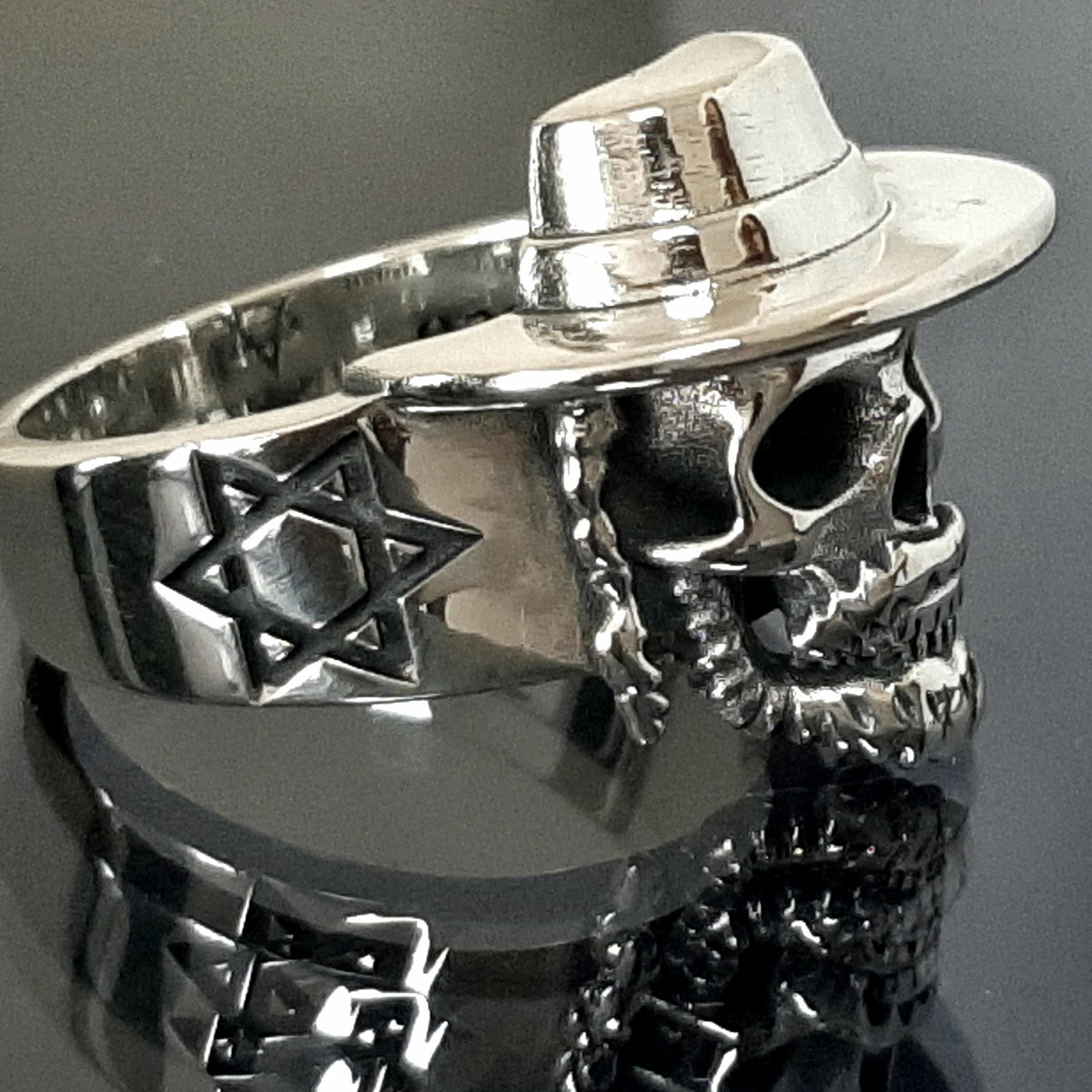 Sterling Silver Rabbi Skull Ring: Jewish Star Signet, Hanukkah Gift — 4