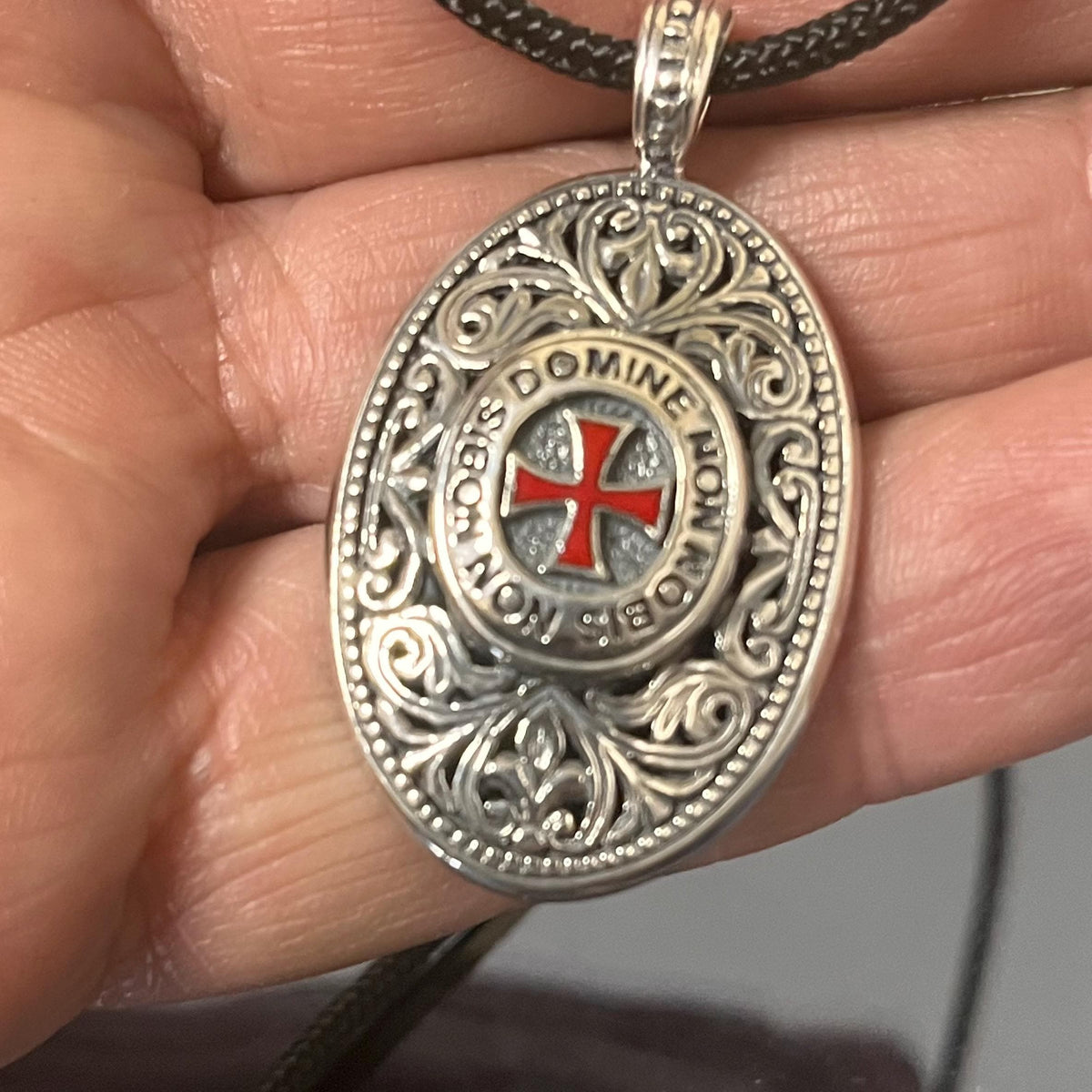 Sterling Silver Knight's Templar Cross Pendant: Red Enamel Domine Non-Nobis — 6