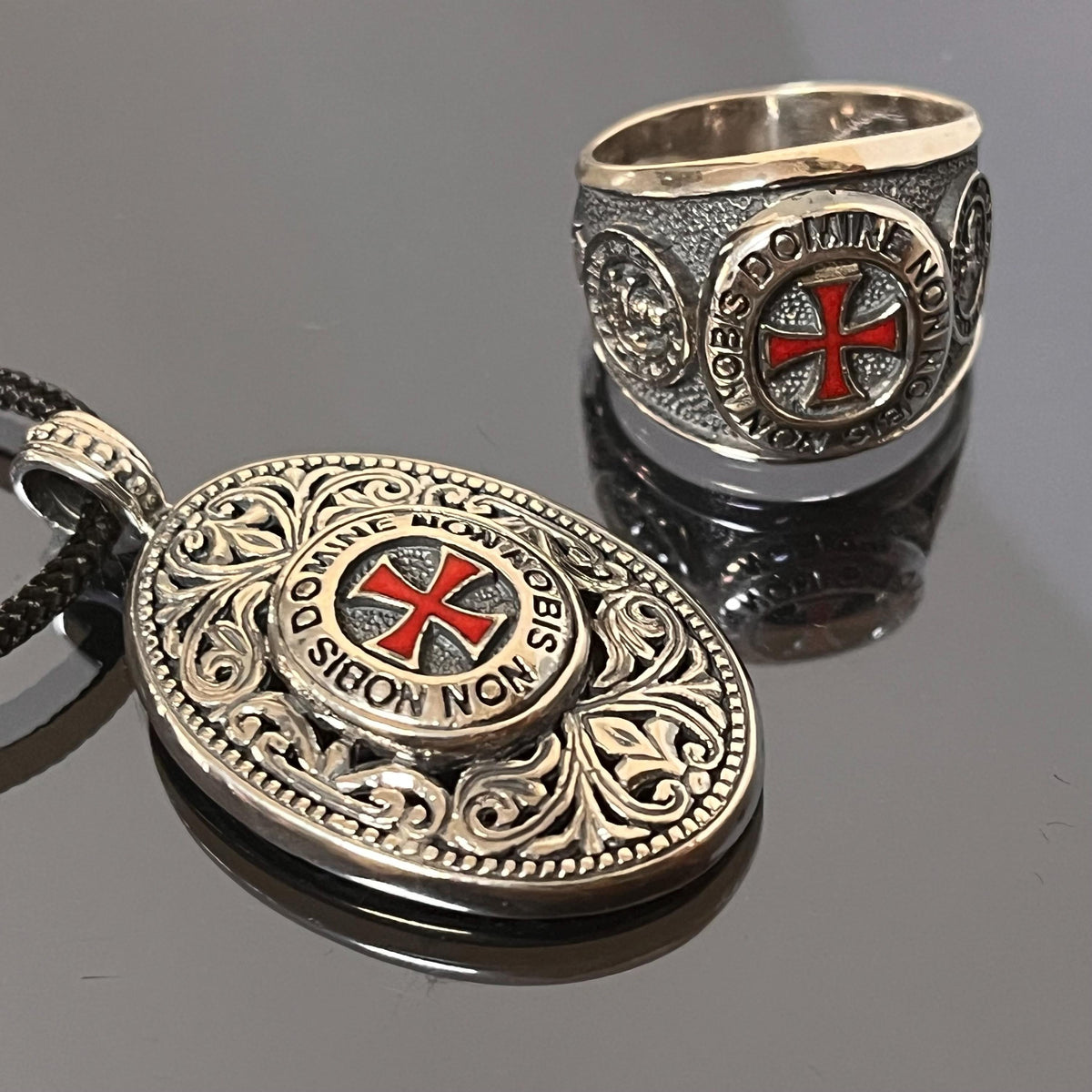 Sterling Silver Knight's Templar Cross Pendant: Red Enamel Domine Non-Nobis — 7