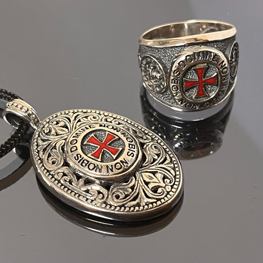 Sterling Silver Knight's Templar Cross Pendant: Red Enamel Domine Non-Nobis — 7