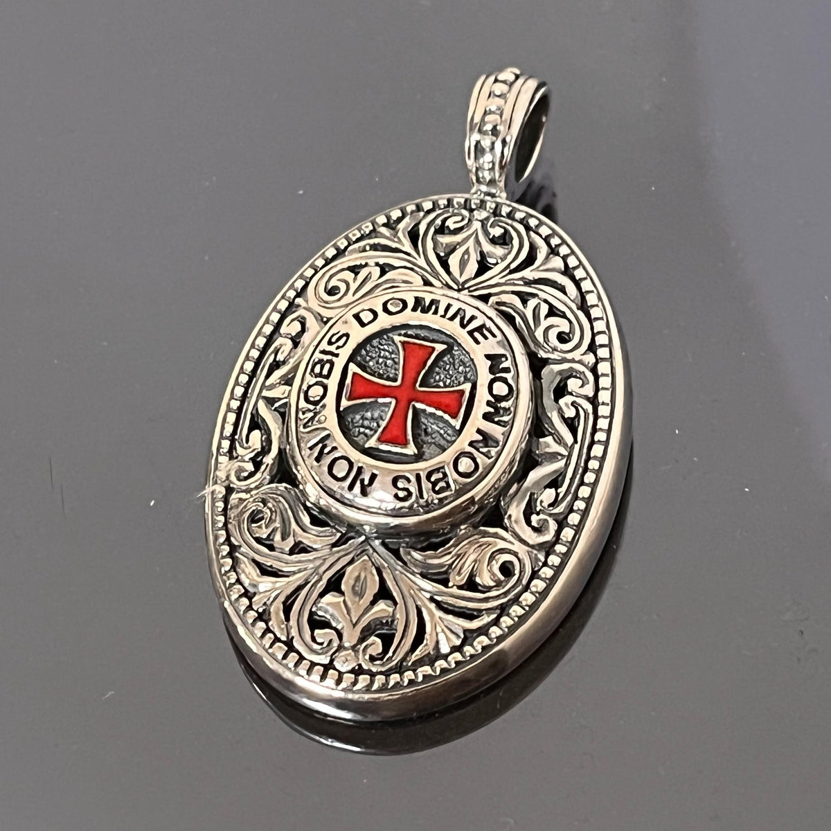 Sterling Silver Knight's Templar Cross Pendant: Red Enamel Domine Non-Nobis — 8