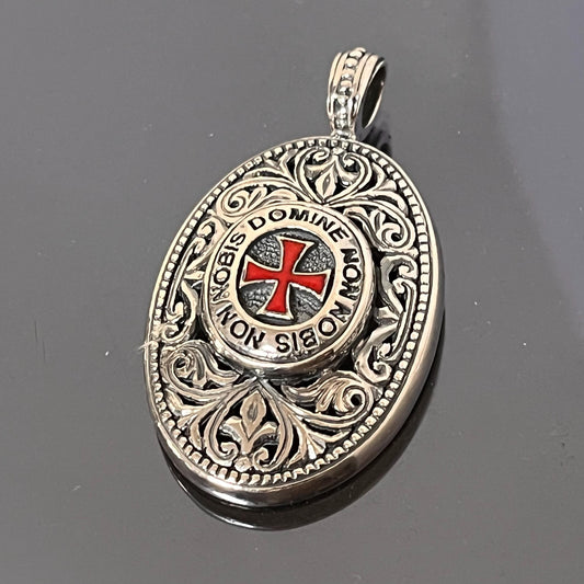 Sterling Silver Knight's Templar Cross Pendant: Red Enamel Domine Non-Nobis — 8