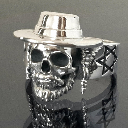 Sterling Silver Rabbi Skull Ring: Jewish Star Signet, Hanukkah Gift