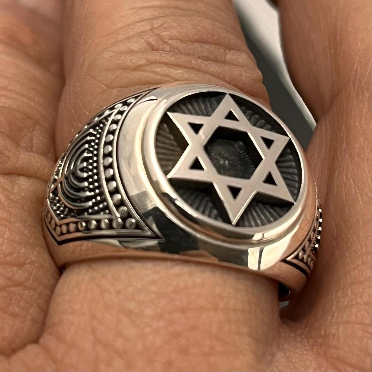 Sterling Silver Star of David Signet Ring - Jewish Solomon Shield, solid Chevalier — 3