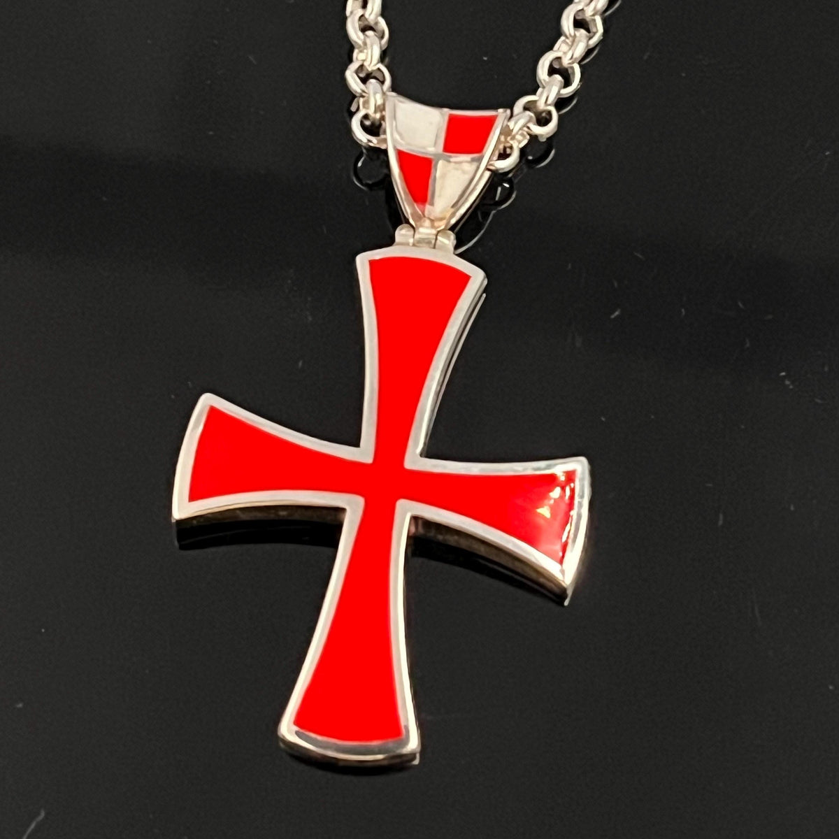 Black Enamel Templar Cross Pendant - Sterling Silver, Jesuit Style