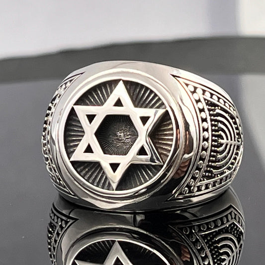 Sterling Silver Star of David Signet Ring - Jewish Solomon Shield, solid Chevalier — 2