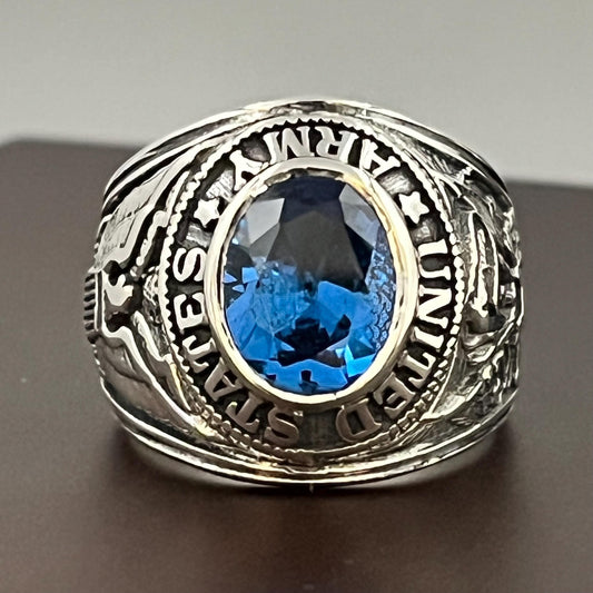 Sterling Silver US Army Ring: Blue Spinel, WWII Veteran Gift, Militaria — 3