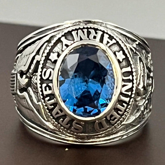 Sterling Silver US Army Ring: Blue Spinel, WWII Veteran Gift, Militaria