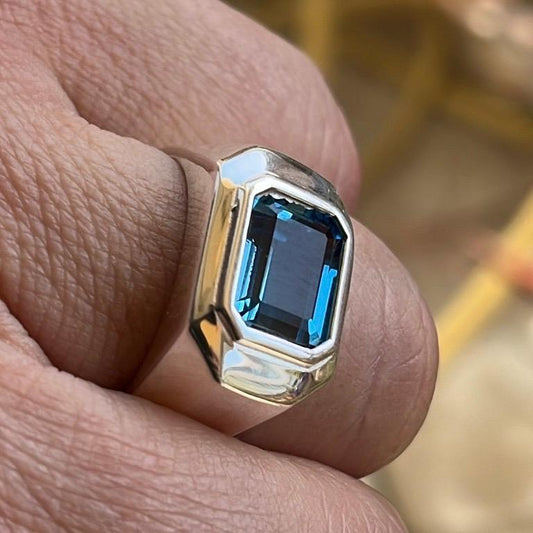 Silver Mens Chevalier Ring: Blue CZ Emerald Cut, Recycled Gift — 2