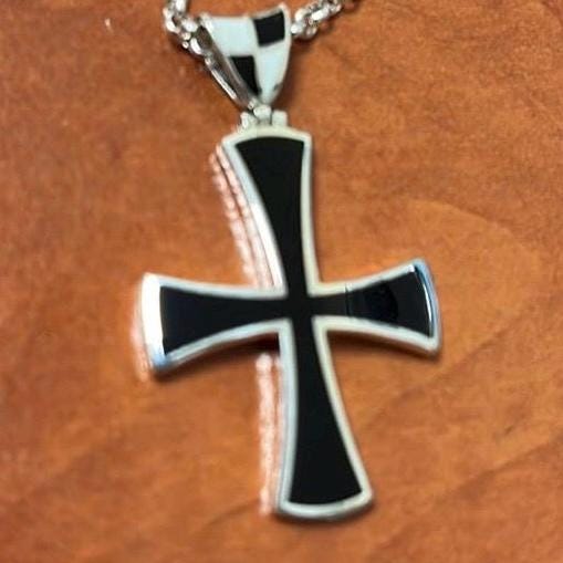 Black Enamel Templar Cross Pendant - Sterling Silver, Jesuit Style