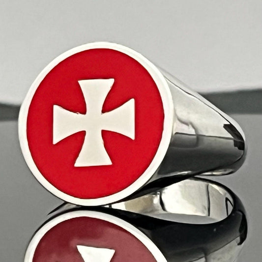 Maltese Templar Cross Ring: Sterling Silver, Red Enamel, Solid Chevalier. — 3