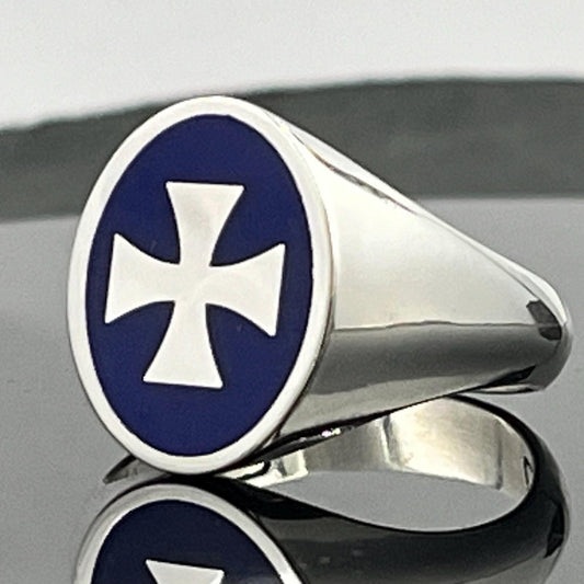 Maltese Templar Cross Ring: Sterling Silver, Red Enamel, Solid Chevalier.