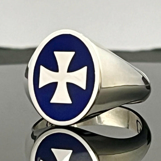 Maltese Templar Cross Ring: Sterling Silver, Red Enamel, Solid Chevalier. — 7