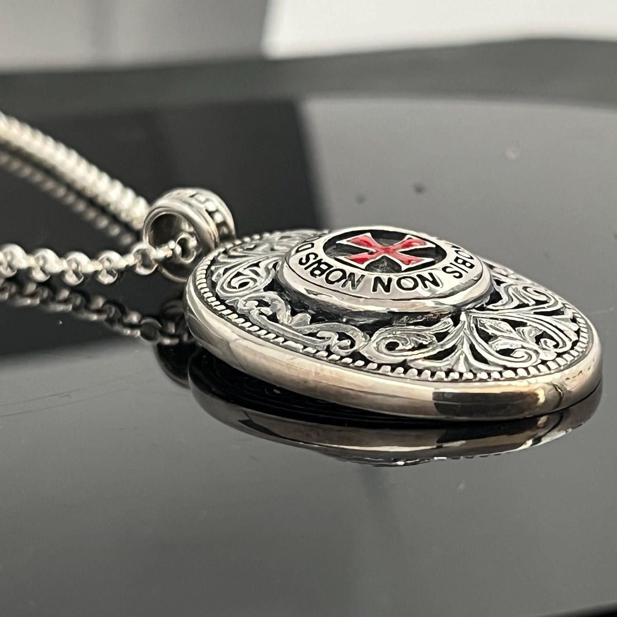 Sterling Silver Knight's Templar Cross Pendant: Red Enamel Domine Non-Nobis — 3