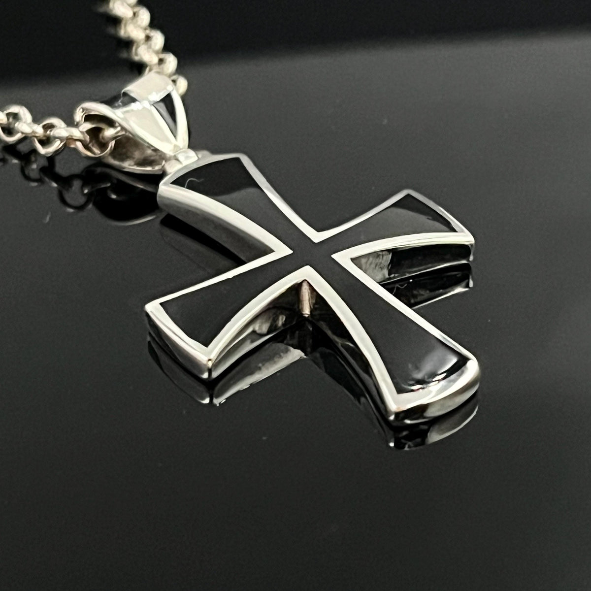 Black Enamel Templar Cross Pendant - Sterling Silver, Jesuit Style