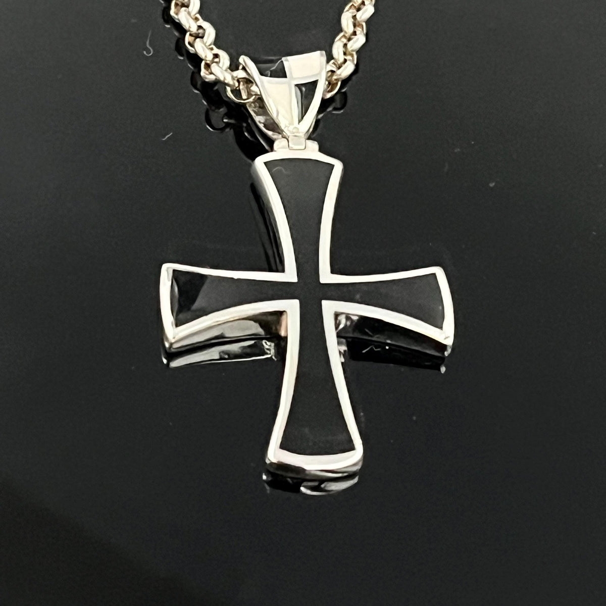 Black Enamel Templar Cross Pendant - Sterling Silver, Jesuit Style