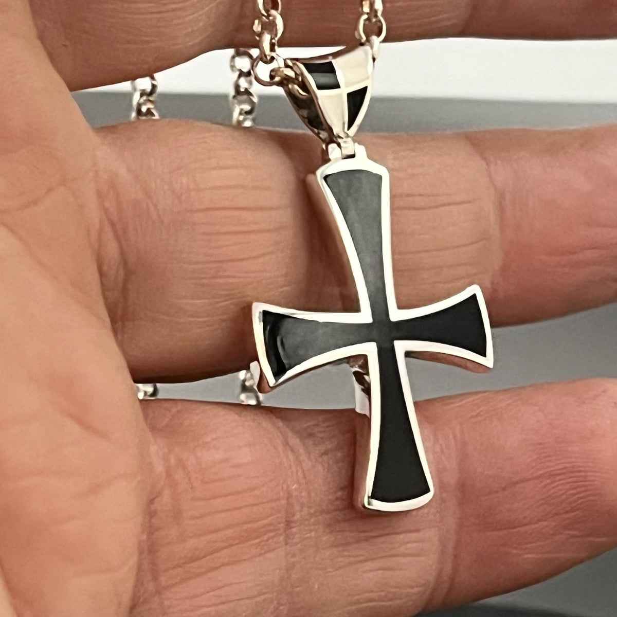 Black Enamel Templar Cross Pendant - Sterling Silver, Jesuit Style