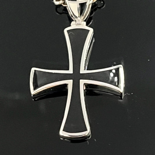 Black Enamel Templar Cross Pendant - Sterling Silver, Jesuit Style