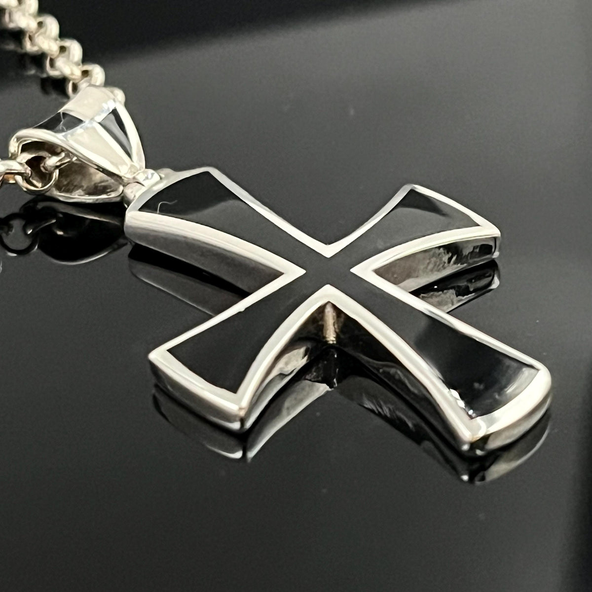 Black Enamel Templar Cross Pendant - Sterling Silver, Jesuit Style