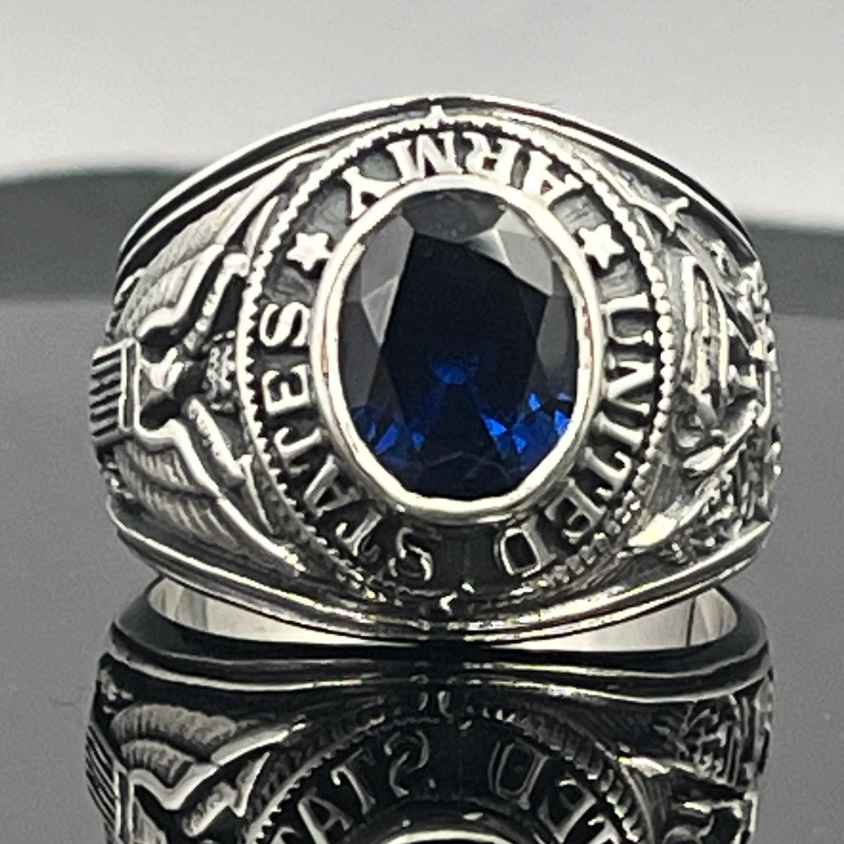 Sterling Silver US Army Ring: Dark Blue Spinel, WWII Veteran Gift, Militaria